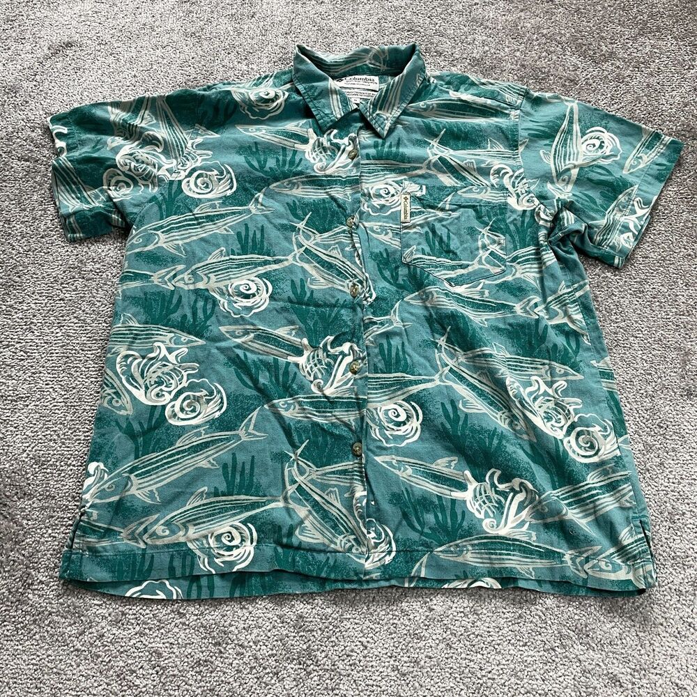 Columbia Button Down Shirt Mens Medium Green White Short Sleeve Cotton Fishing